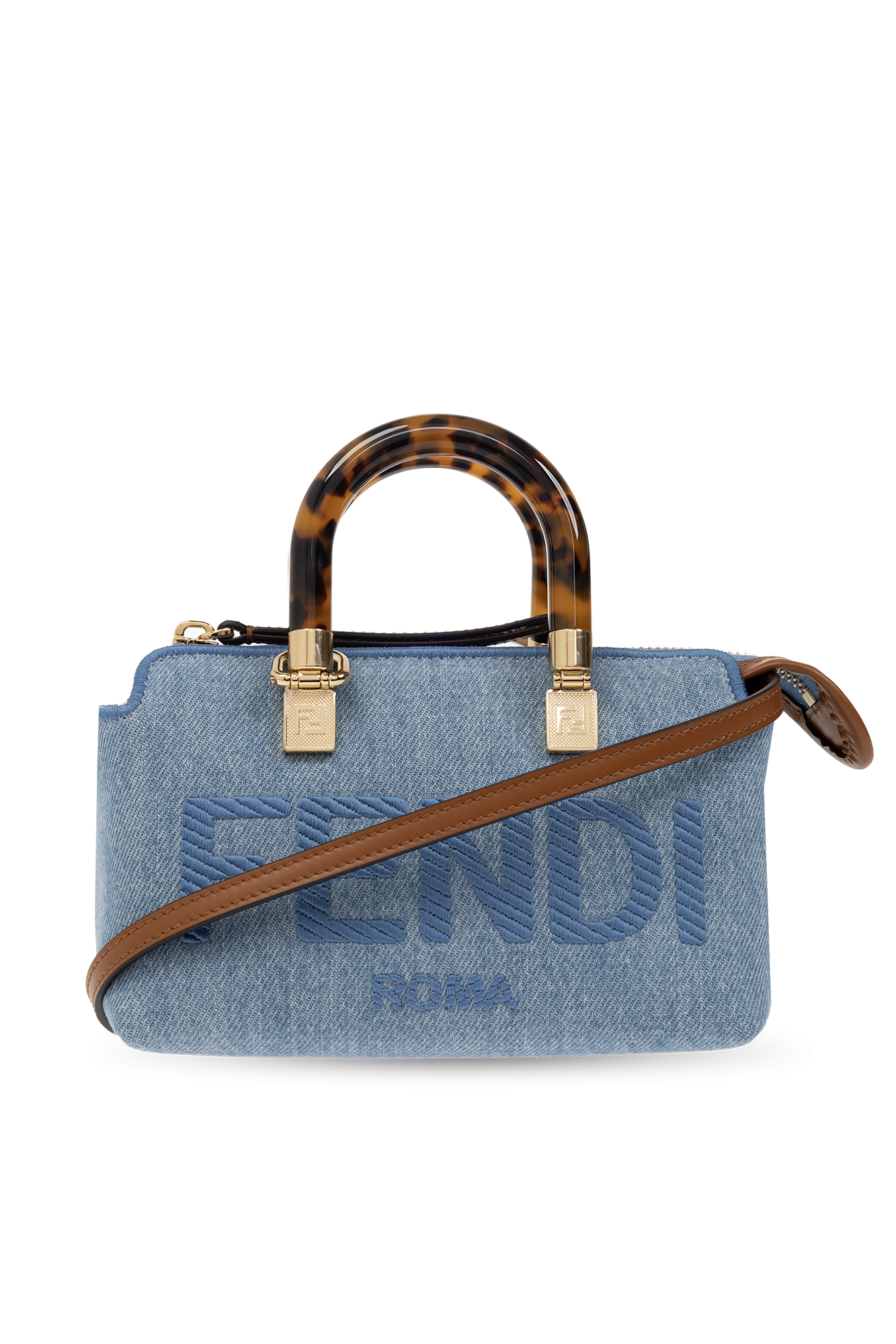 Fendi By The Way Mini denim shoulder bag Fendi embroidered logo cotton T shirt Women s Bags SchaferandweinerShops